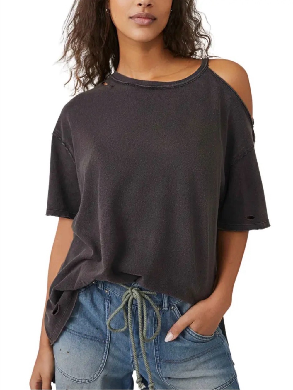 We The Free Black Cold-Shoulder Short Sleeve Tee